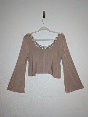 Imagenation Brown Taupe Crochet Back Boho Hippie Cropped Bell Sleeve Top M